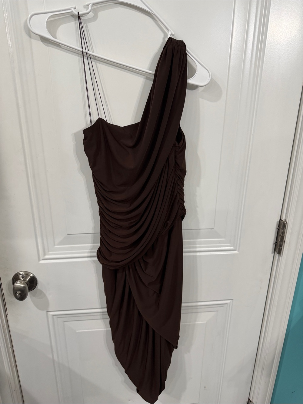 Boston Proper One-Shoulder Draped Asymmetrical Dress in Dark Brown